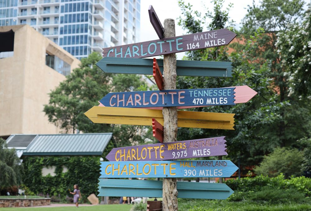 A Charlotte signpost in a downtown park