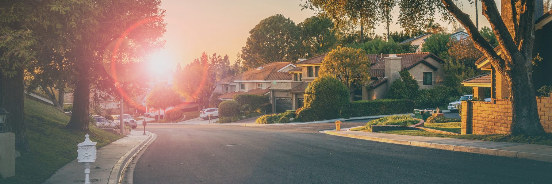 A quiet neighborhood street at golden hour
